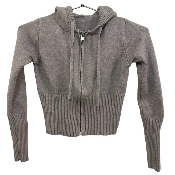 Gray Zip Up Gray Cropped Ribbed Knit Sweater Hoodie - Picture 2 of 6